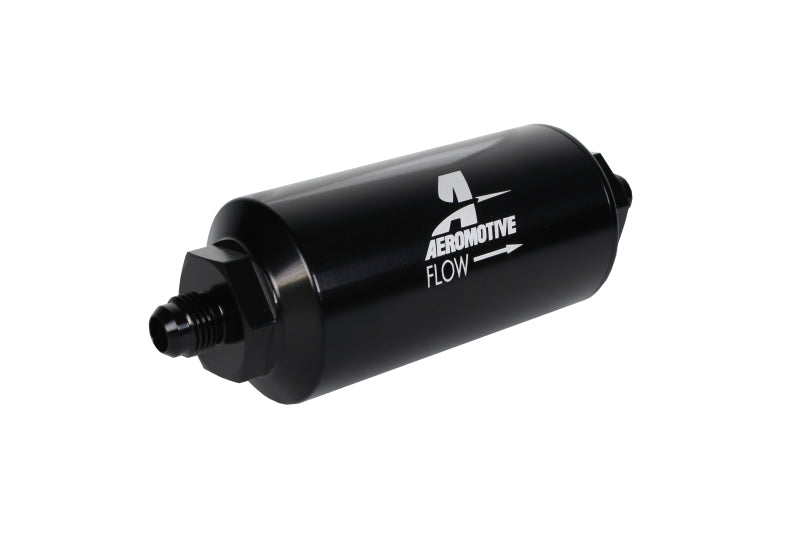 Aeromotive AN-06 stainless mesh inline fuel filter with anodized black finish, designed for high-performance fuel systems.