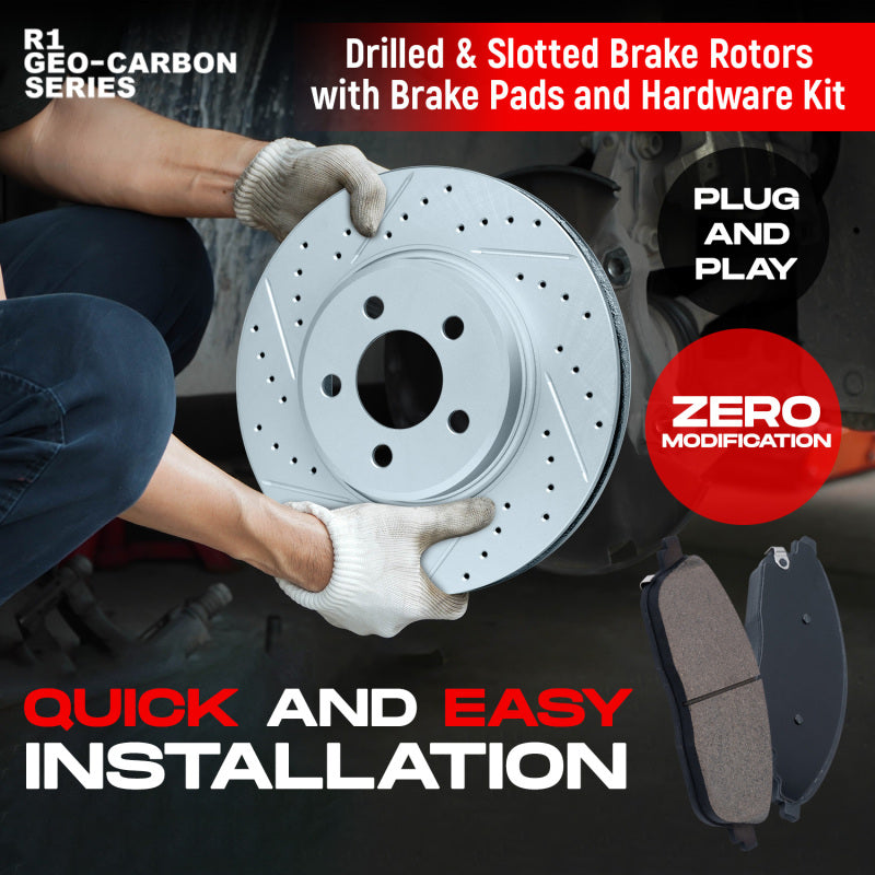 R1 Concepts carbon-coated front brake rotors with drilled and slotted design and included brake pads for Nissan Sentra 2013-2019