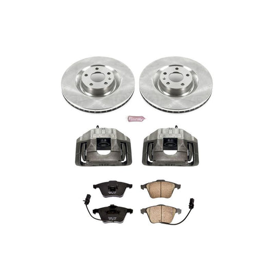 PowerStop OE front brake rotors and calipers for Audi S4 (2004-2009) in a close-up image showing the brake components.