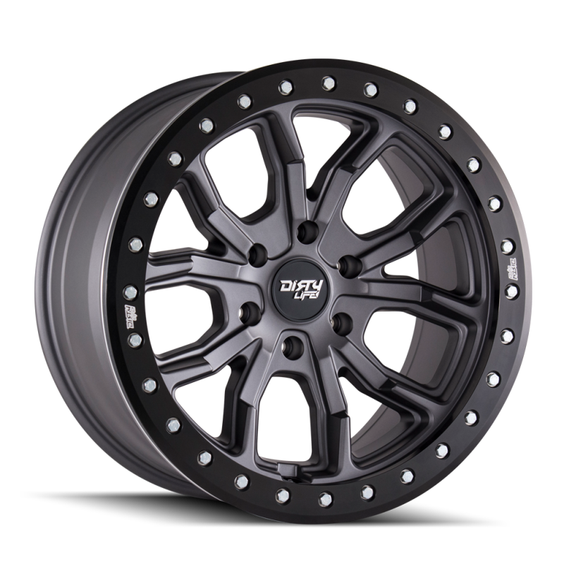 Dirty Life DT-1 17x9 cast matte gunmetal beadlock wheel with 5x127 bolt pattern, -38mm offset, and 78.1mm hub for off-road vehicles.
