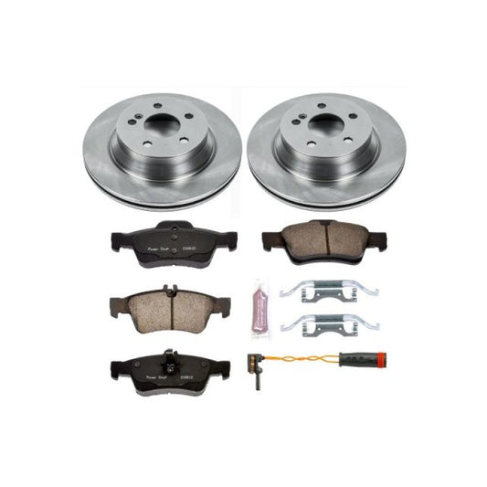 PowerStop OE rear brake kit for Mercedes-Benz E350 2006-2009, showing brake rotors and pads installed on vehicle.