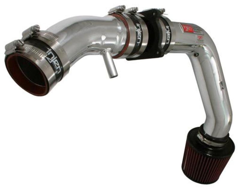 Injen polished cold air intake for 02-06 Nissan Sentra SER Spec V 2.5L engine, showing the sleek metal piping and filter.