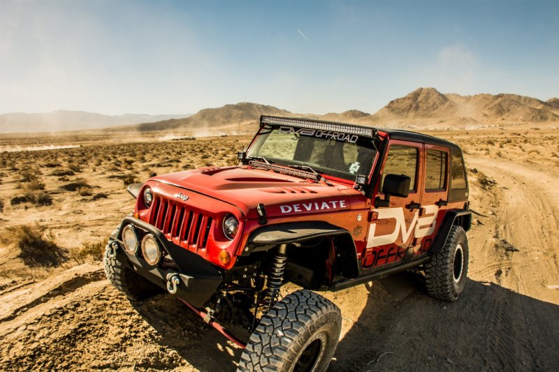 DV8 Offroad Jeep Wrangler JK front and rear flat tube fenders in black, mounted on a 2007-2018 Jeep Wrangler JK.
