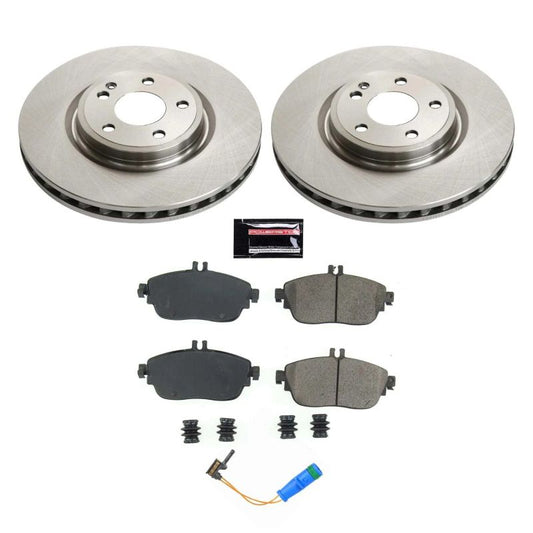 PowerStop OE front brake kit for 2017-2019 Infiniti QX30, including brake rotors and pads, installed on the vehicle.