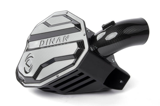 Dinan carbon fiber cold air intake for BMW M240i, M340i, M440i G20, G22, G23, G26, G42 models, showcasing the sleek intake design.