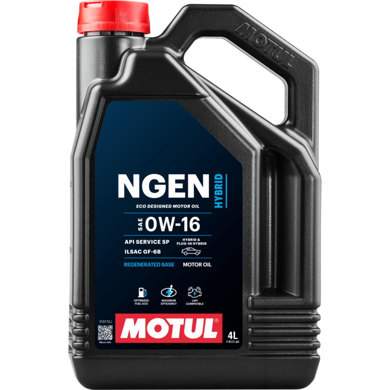 Motul 4L Hybrid Synthetic Motor Oil 0W16, high-performance engine oil for hybrid vehicles, with a clear view of the oil container.