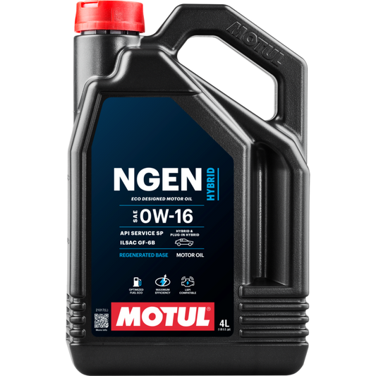 Motul 4L Hybrid Synthetic Motor Oil 0W16, high-performance engine oil for hybrid vehicles, with a clear view of the oil container.