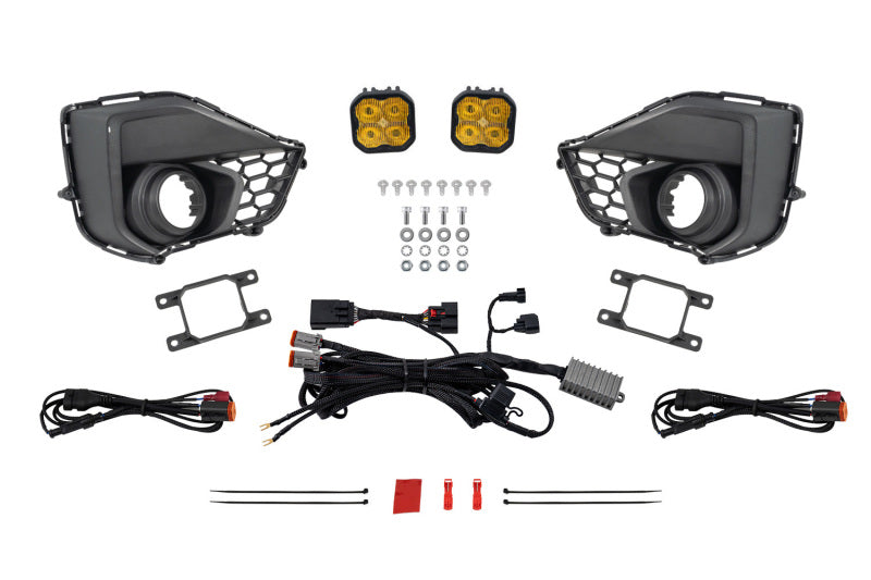Diode Dynamics yellow fog lamp kit for 2027 Ford Mustang GT SS3, featuring light bars and cubes for enhanced visibility.