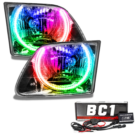 Oracle Lighting Ford F-150 SMD Headlights with ColorSHIFT and BC1 Controller, showcasing sleek headlight design and vibrant lighting features.