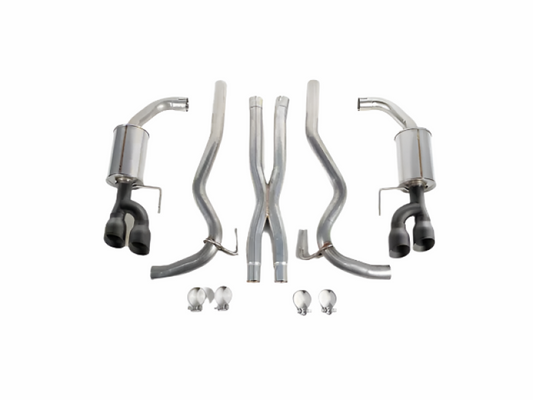 Roush 18-23 Mustang 5.0L V8 cat back exhaust kit with black quad tips, showcasing sleek pipe layout and finish.