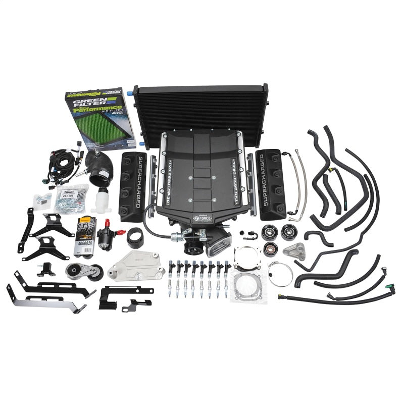 Edelbrock Supercharger Stage 1 for 2015-2017 Ford Mustang 5.0L V8 modular engine, showing the supercharger unit and intake system.