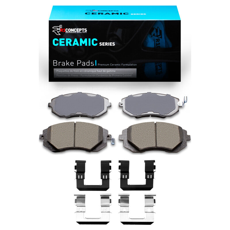 R1 Concepts Saab 9-2X front ceramic brake pads and hardware kit installed on vehicle for reliable stopping power.