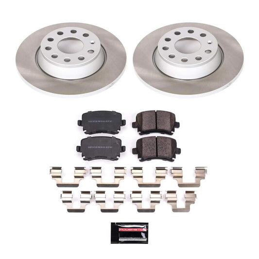 PowerStop rear semi-coated brake rotor kit for 2011 Volkswagen Tiguan showing the semi-coated gray brake rotors.