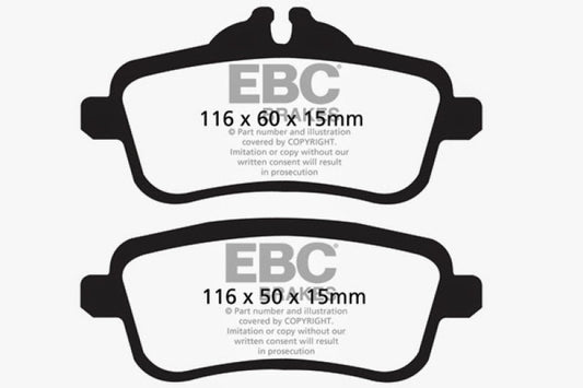 EBC 14+ Mercedes-Benz CLA45 AMG 2.0 Turbo Redstuff rear brake pads for high-performance braking systems.