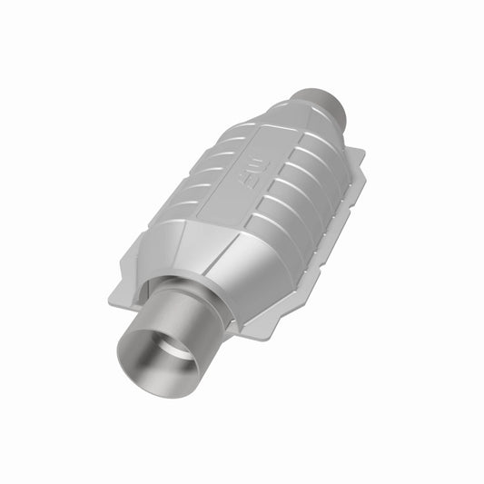 MagnaFlow universal catalytic converter, 2.5 inch T2 rear model, made for vehicle exhaust systems, with metal casing and inlet/outlet pipes.