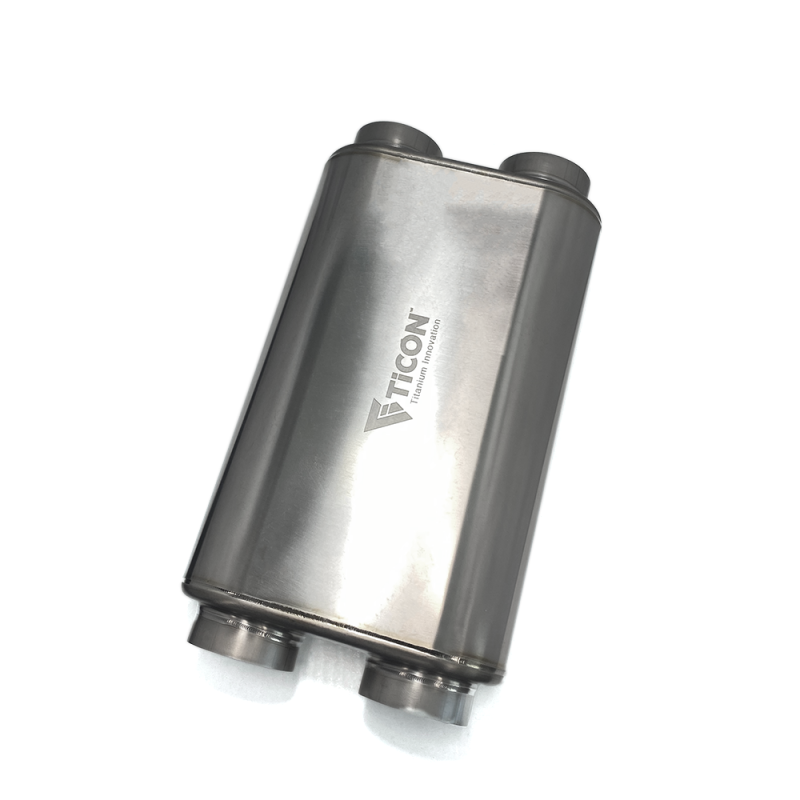 Ticon Industries 17-inch titanium muffler with dual inlet and outlet, matte finish, designed for exhaust systems.