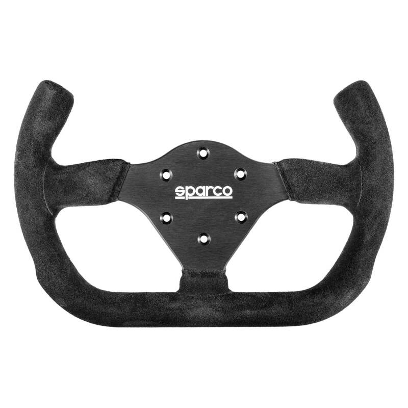 Sparco P310 Open Suede steering wheel with black spokes and red accents, designed for racing and high-performance driving.