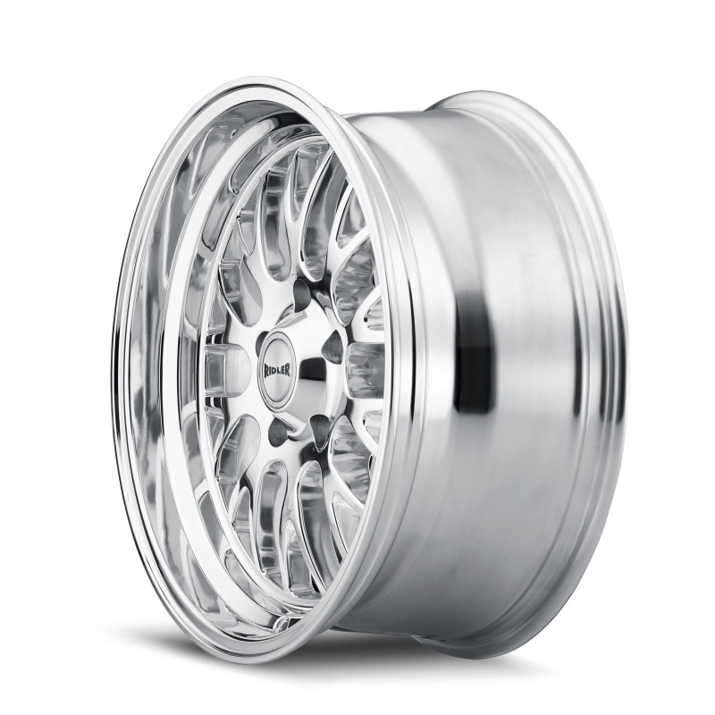 Polished Ridler 607 18x8 cast wheel with 5x120.65 bolt pattern, 0mm offset, 83.82mm hub for cars.