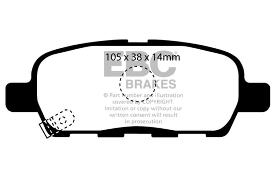 EBC Redstuff rear brake pads for Infiniti EX35 3.5, high-performance brake pads with red friction material for improved stopping power.