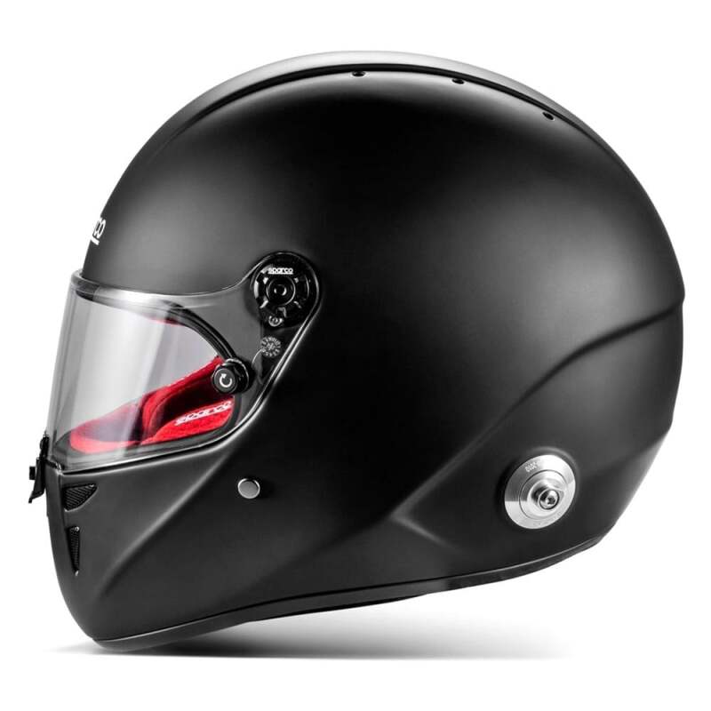 SPARCO Stealth RF helmet in matte black and red, medium/large size, with sleek aerodynamic design and racing helmet features.