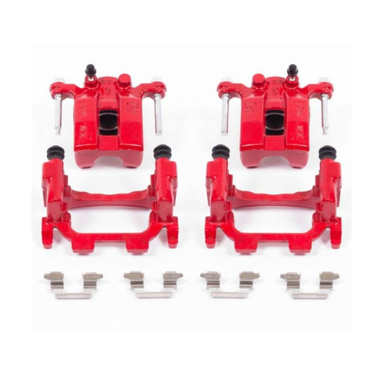 Pair of PowerStop red rear brake calipers with brackets for Infiniti G25 2011-2012, high-performance brake components.
