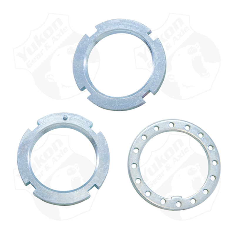 Yukon Gear & Axle spindle nut kit for Dana 30, Dana 44, and GM 8.5-inch axles, automotive hardware for wheel hubs and axles.