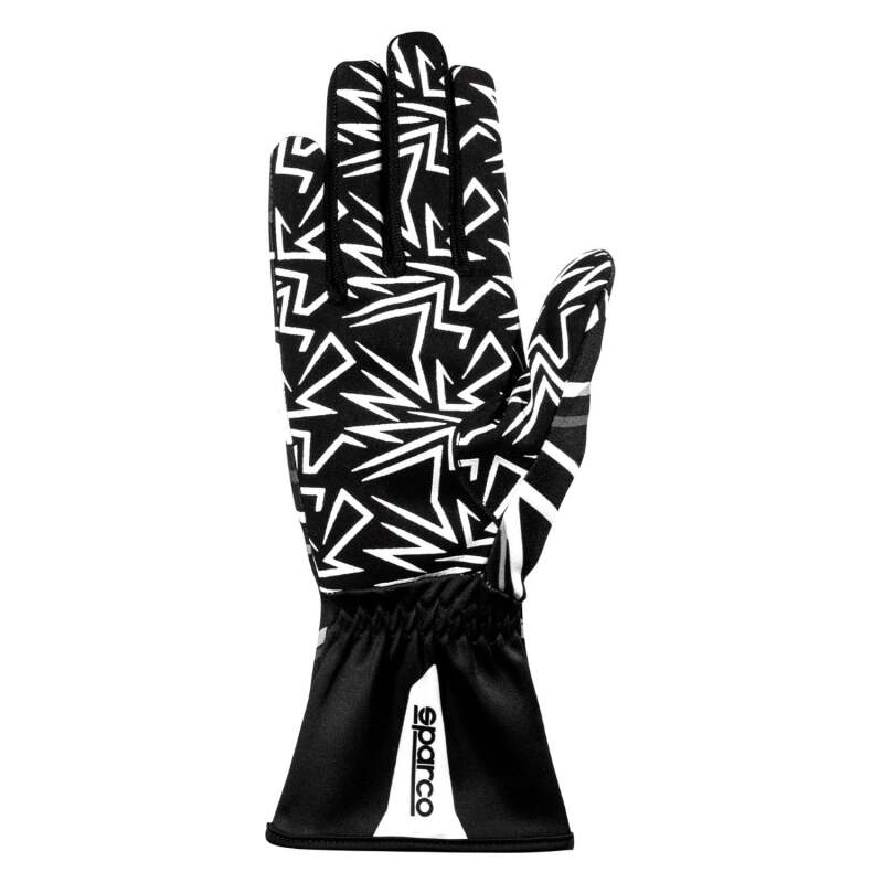 Black and white Sparco K-Rookie 7 racing gloves with padded palms and adjustable wrist straps, designed for motorsport enthusiasts.