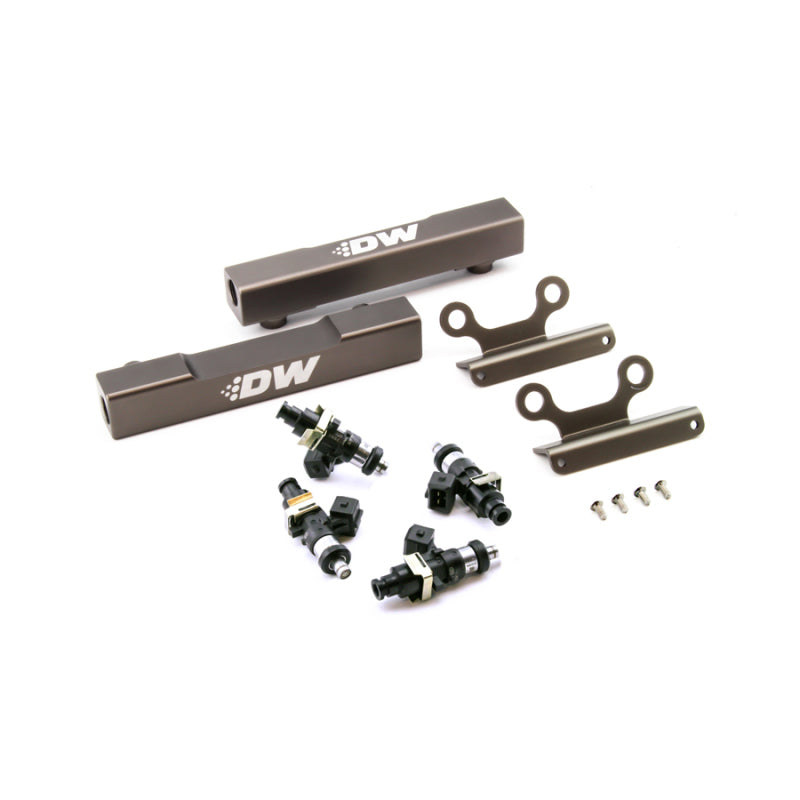 DeatschWerks 02+ Subaru WRX, 07+ STI, LGT top feed fuel rail upgrade kit with 1500cc injectors installed in engine bay