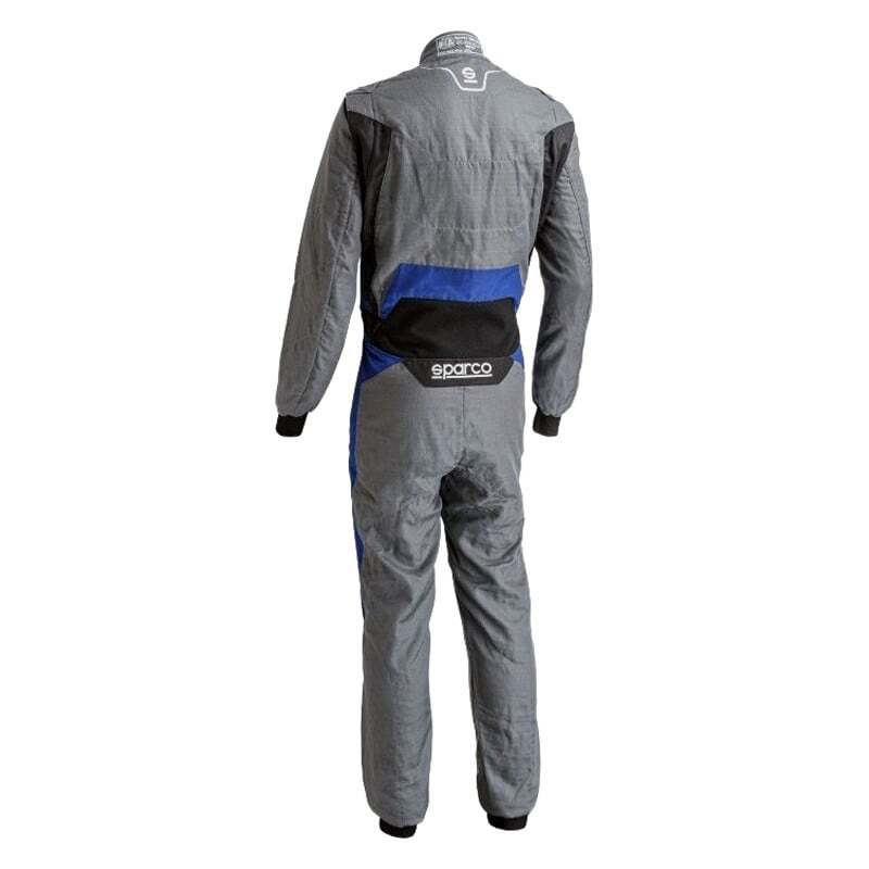 Sparco Victory PRO 64 racing suit in gray and blue, designed for motorsport safety and performance.