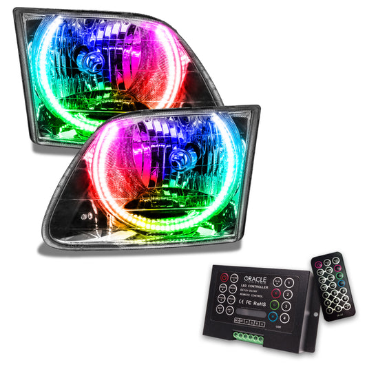 Oracle Lighting Ford F-150 SMD Headlights with ColorSHIFT 2.0 controller showing vibrant LED light display and headlight assembly.