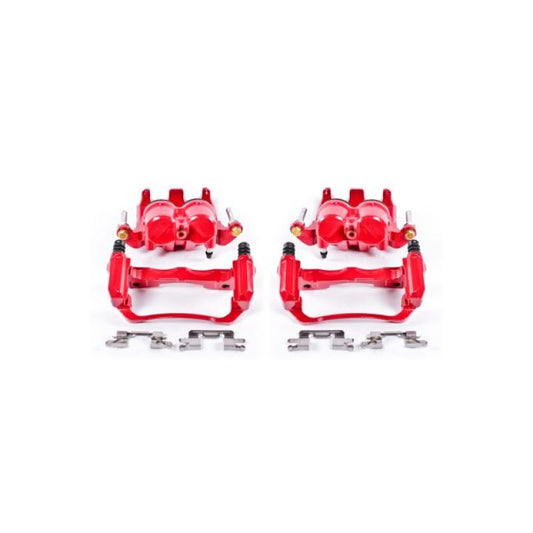 Pair of PowerStop red front brake calipers with brackets for Nissan Frontier 2005-2018, performance brake calipers for improved stopping power.