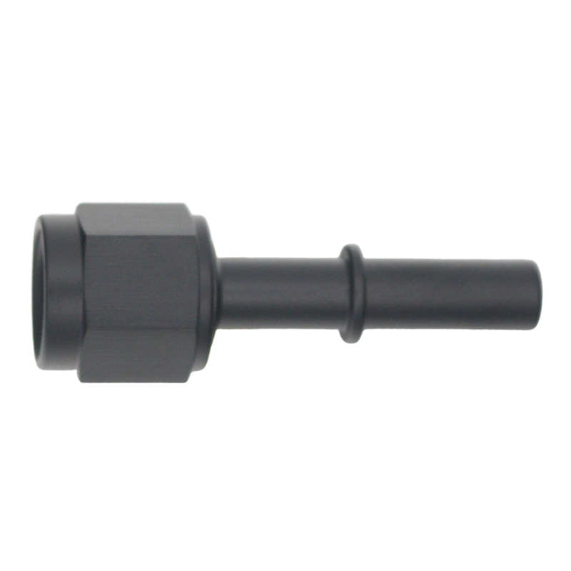 DeatschWerks 6AN female flare swivel fitting to 5/16 inch male EFI quick disconnect, matte black anodized fuel component.
