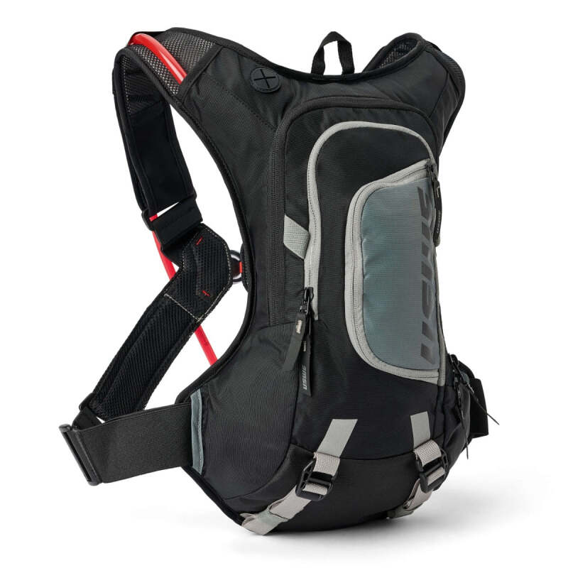 USWE Moto Hydro XTR dirt biking hydration pack in black with 8L capacity, designed for motorcycle riders and outdoor enthusiasts.