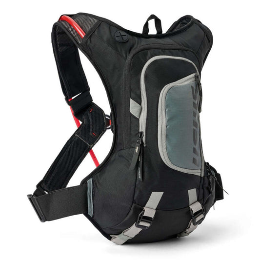 USWE Moto Hydro XTR dirt biking hydration pack in black with 8L capacity, designed for motorcycle riders and outdoor enthusiasts.