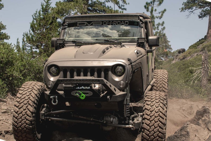 DV8 Offroad Jeep Wrangler JK heat dispersion hood in primer black, durable metal hood with vented design for off-road vehicles.