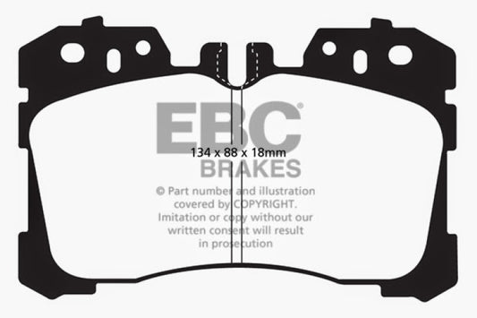 EBC 07+ Lexus LS460 4.6 Redstuff front performance brake pads showing red friction material and metal backing plates.