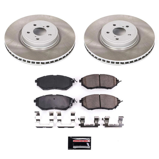PowerStop performance semi-coated front brake rotor kit for 2010-2014 Subaru Outback, showing the rotor with vented design and coating