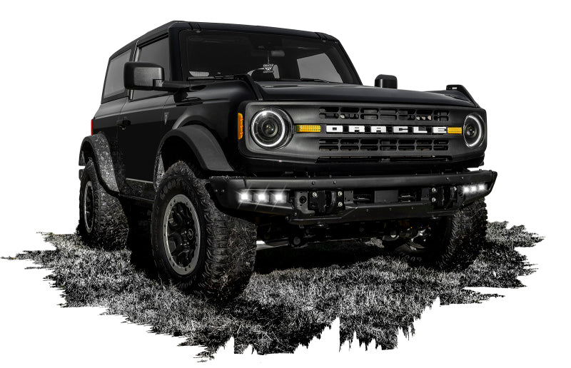 Oracle Lighting triple LED fog light kit for 2021-2022 Ford Bronco with steel bumper, white LED fog lights installed on vehicle.