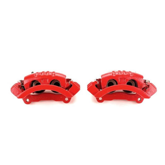 Pair of PowerStop rear red brake calipers with brackets for Dodge Ram 1500 2006-2008, performance upgrade for vehicle braking system.