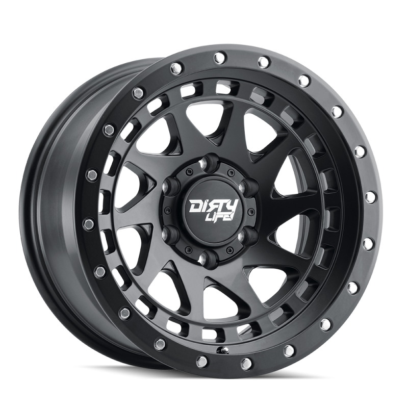 Dirty Life Enigma Pro 17x9 matte black cast beadlock wheel with 6x139.7 bolt pattern, -12mm offset, and 106mm hub for off-road vehicles.