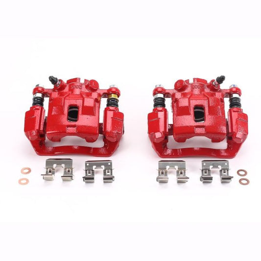 Pair of PowerStop red rear brake calipers with brackets for 2005 Subaru Legacy, performance brake calipers for enhanced stopping power.