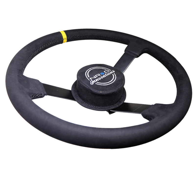 NRG Reinforced 380mm Alcantara NASCAR style 3-spoke steering wheel with removable crushed pad and NRG logo.