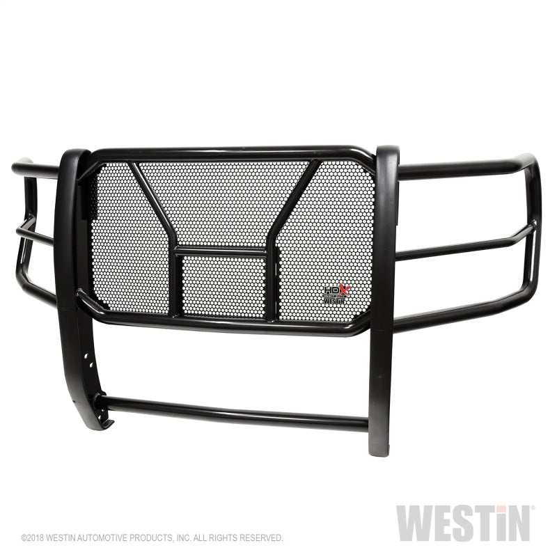 Black Westin grille guard for Ford F-250/350 2017-2019 with front camera coverage, heavy-duty HDX design for truck protection.