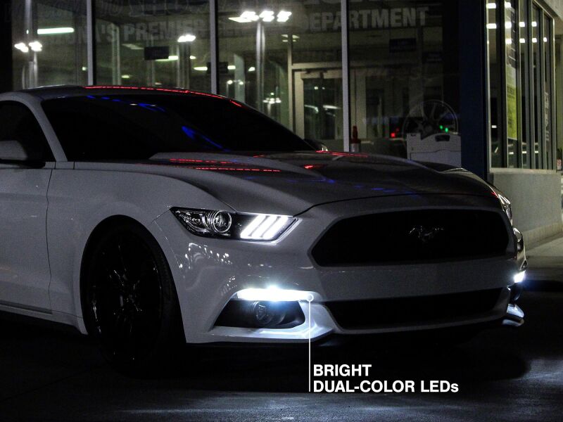 Raxiom Ford Mustang 15-17 axial series switchback turn signal conversion kit with sidemarkers and indicators on a car.