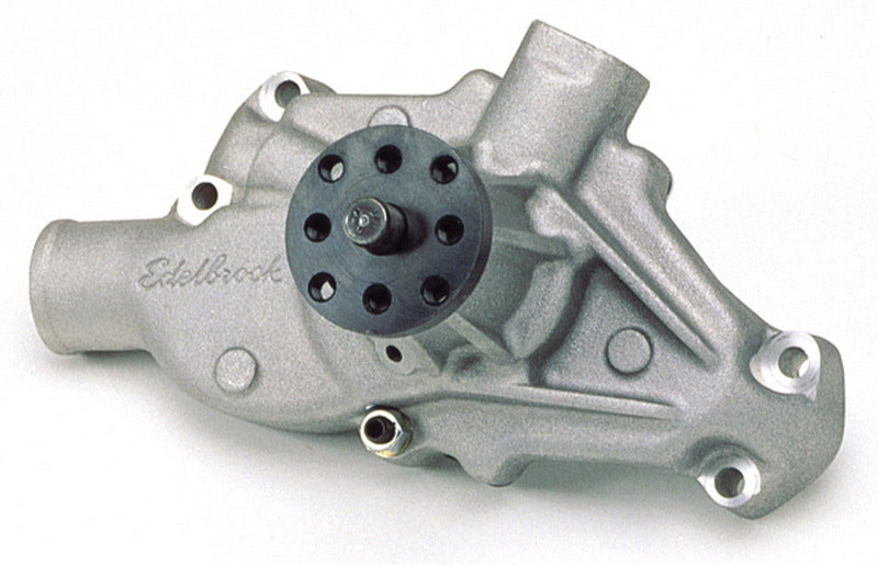 Edelbrock high performance Chevrolet 350 V8 short style water pump with satin finish, view of the front and mounting points.