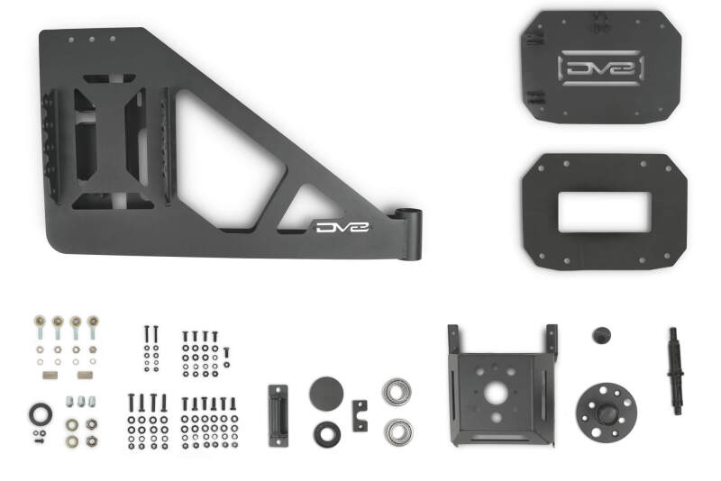 DV8 Offroad Jeep Wrangler JL MTO Series bumper spare tire swing gate tailgate accessory, showing the mounted spare tire and bumper.