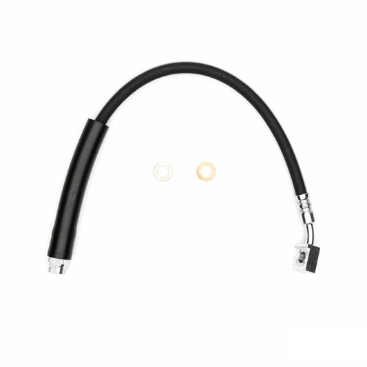 DFC Cadillac XLR front-left brake hose from brake line kit, showing flexible rubber and metal fittings on vehicle.