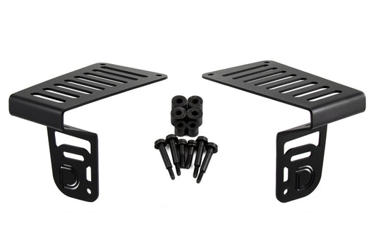 Diode Dynamics SS3 Cowl LED bracket kit for Jeep JL Wrangler and Gladiator, yellow light mounts installed on vehicle cowl area.