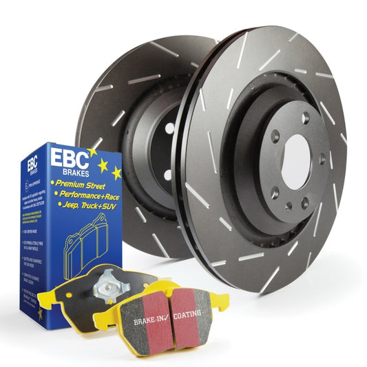 EBC S9 brake pad and slotted rotor kit installed on a vehicle's wheel for enhanced braking performance.