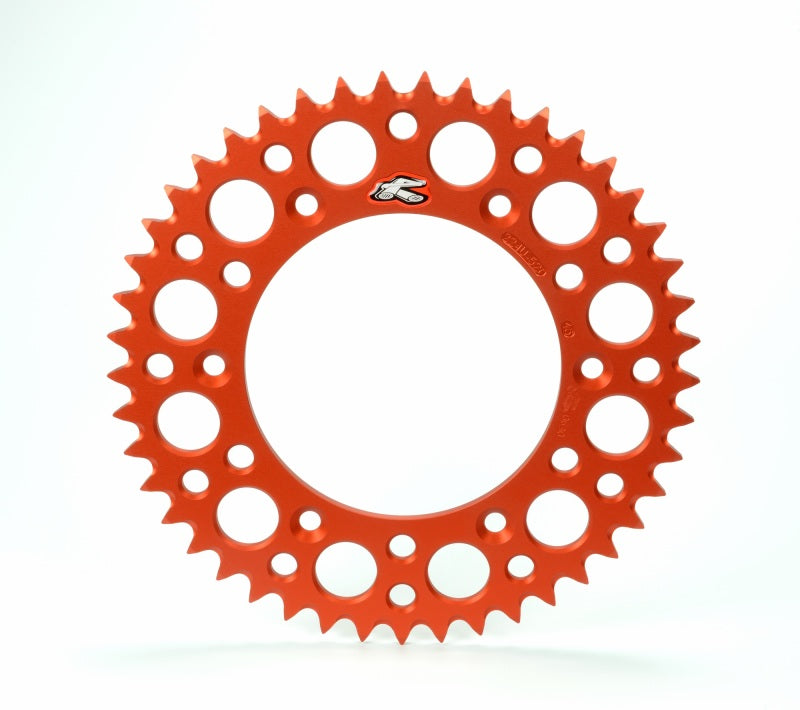 Orange Renthal 18-24 KTM 85 SX rear grooved sprocket with 50 teeth, designed for off-road dirt bikes.